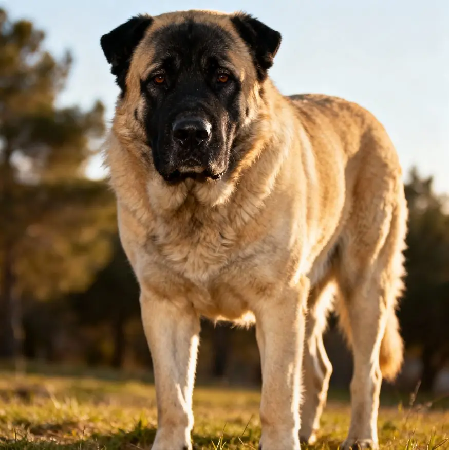 Turški kangal stoji pokončno v polnem profilu.
