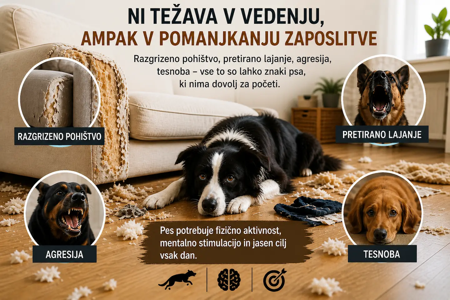 To ni vedenjska težava, temveč pomanjkanje aktivnosti: zgrizeno pohištvo, pretirano lajanje, agresija in tesnoba so simptomi psa brez dovolj stimulacije