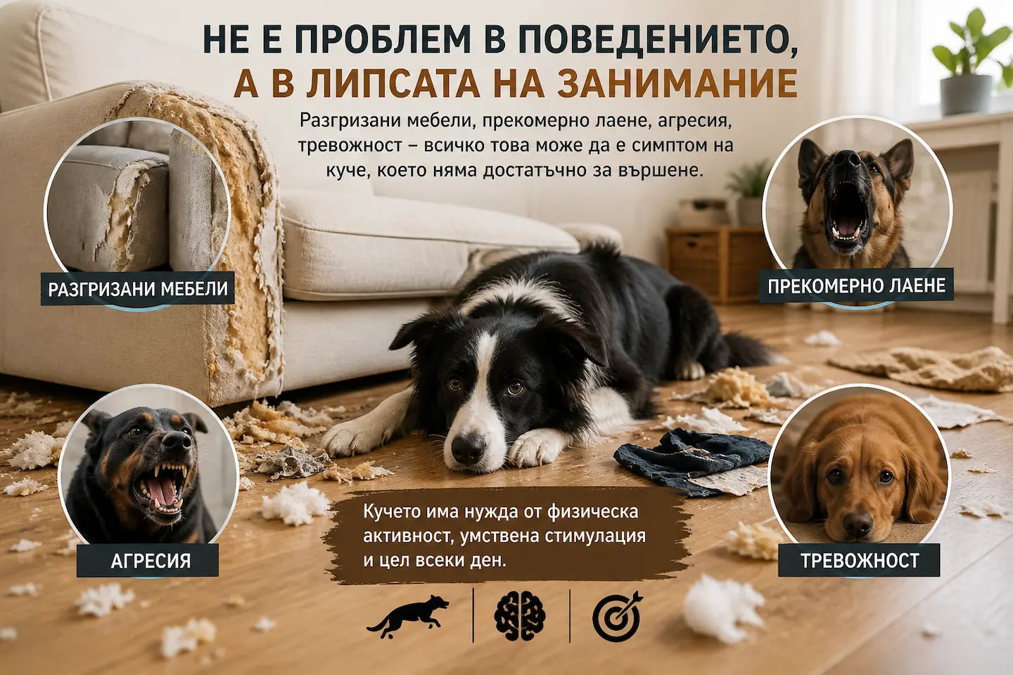 Не е проблем в поведението, а в липсата на занимание: разгризани мебели, прекомерно лаене, агресия и тревожност са симптоми на куче без достатъчно стимулация
