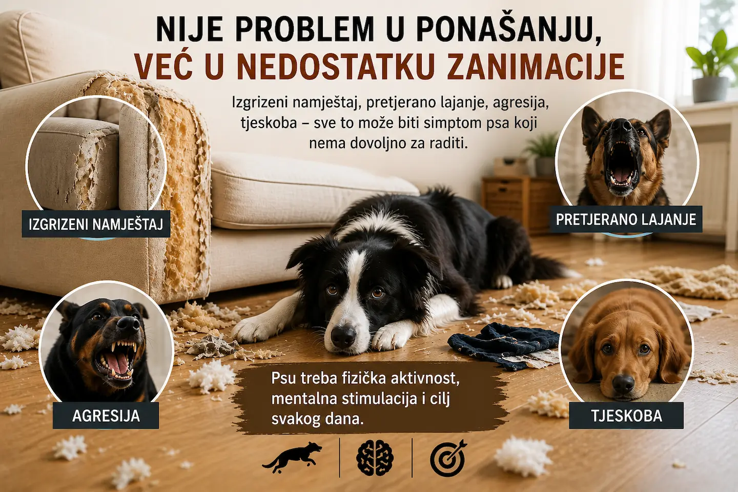 Nije problem u ponašanju, nego u nedostatku aktivnosti: izgrizen namještaj, pretjerano lajanje, agresija i tjeskoba simptomi su psa bez dovoljno stimulacije