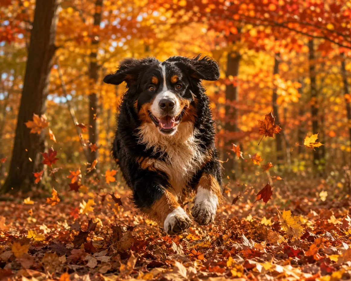 Berner Sennenhund u pokretu, dinamična fotografija aktivne pasmine