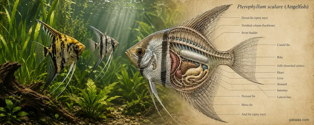 Анатомична диаграма на скалария (Pterophyllum scalare) с обозначени перки, странична линия и вътрешни органи