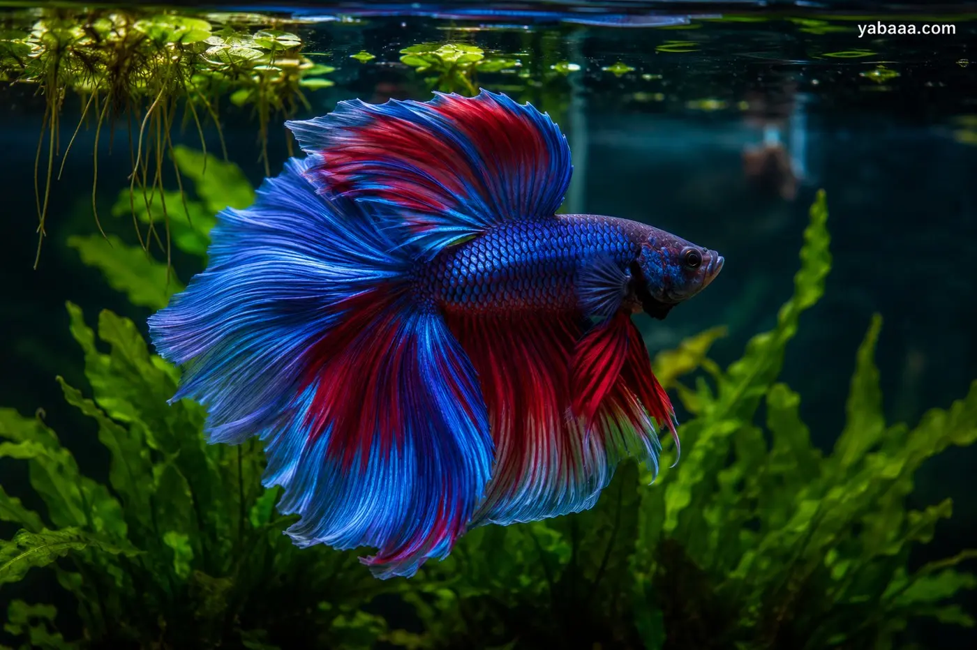 Мъжка бета риба (Betta splendens) с величествени сини и червени плаващи перки в засаден аквариум с плаващи растения