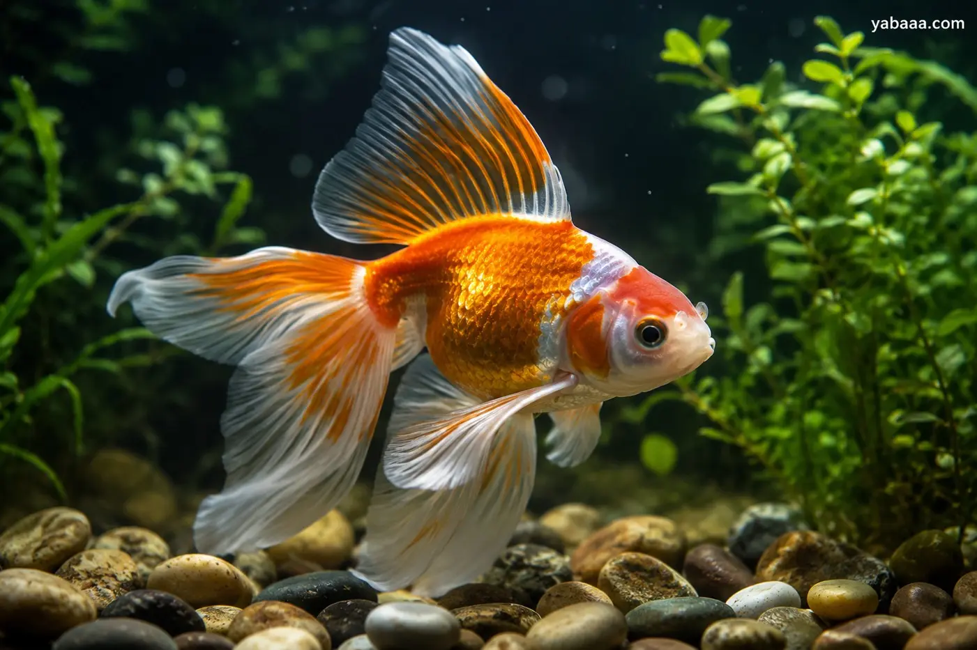 Оранжево-бяла декоративна златна рибка (Carassius auratus) с воалообразна опашка плува сред чакъл и водни растения