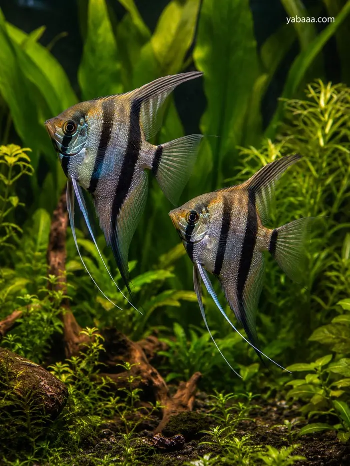 Двойка сребристо-черни скаларии (Pterophyllum scalare) в богато озеленен аквариум с мъх и широколистни растения
