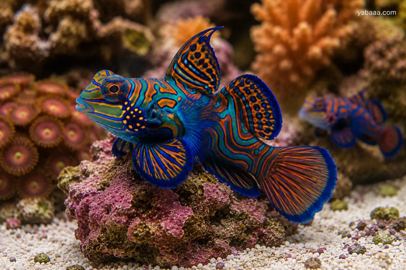 Мандаринова рибка (Synchiropus splendidus) с невероятни сини, оранжеви и зелени вълнообразни шарки стои върху лилав рифов камък сред зоантуси и корали в морски аквариум