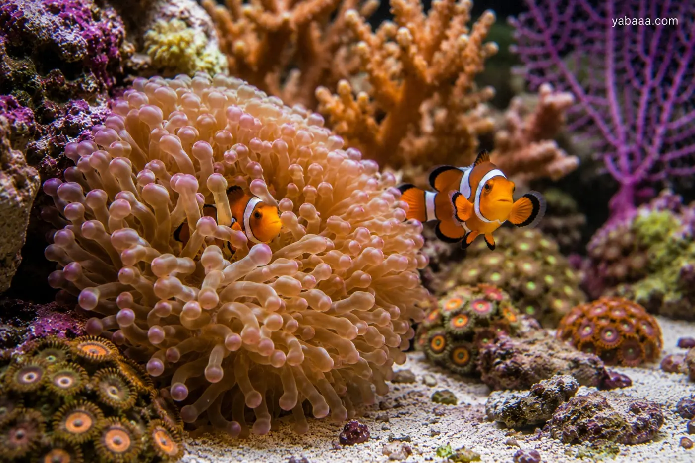 Две риби клоун (Amphiprion ocellaris) с оранжево-бяло оцветяване плуват около голяма розова анемония в пъстър рифов аквариум с корали и зоантуси