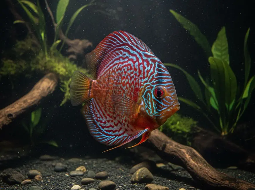 Diskus plava veličastno v akvariju s tropskimi rastlinami