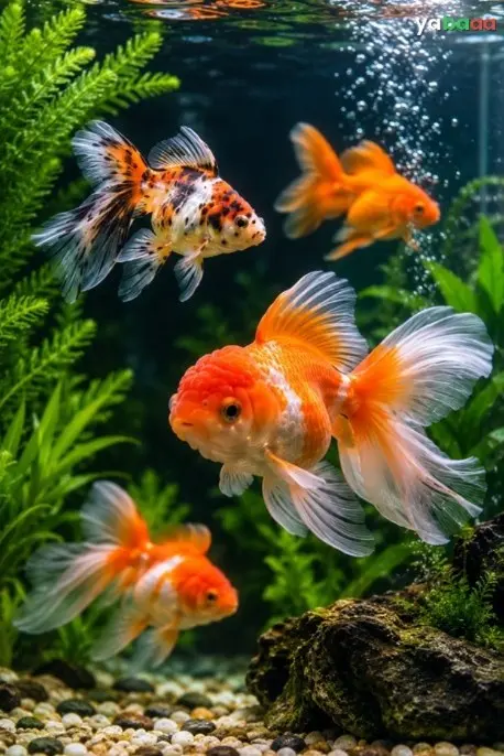 Oranda i kaliko ukrasne zlatne ribice u zasađenom akvariju