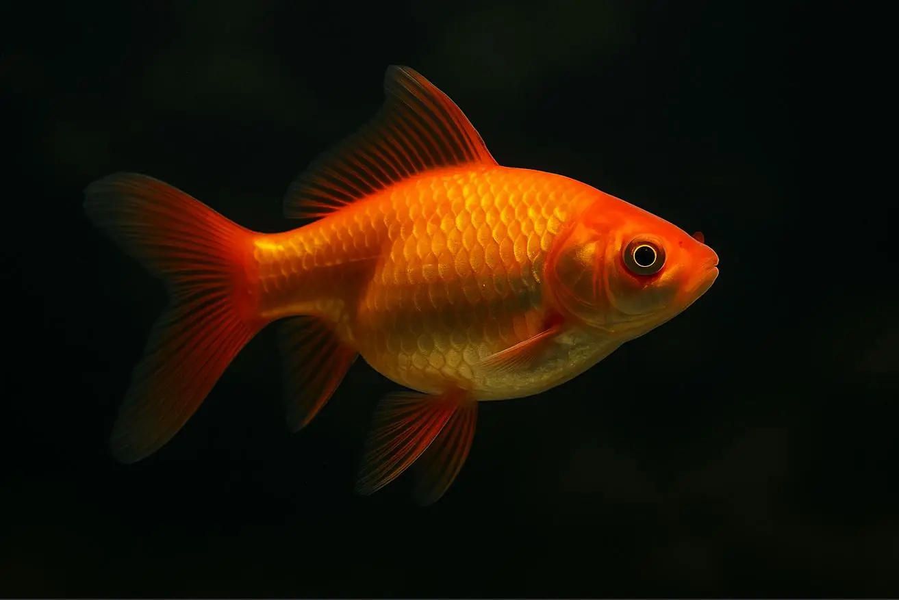 Zlata ribica slikana s strani na črnem ozadju v akvariju