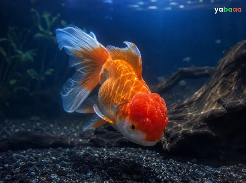 Oranda s crvenom naraslinom na glavi i dugom bijelom repnom perajom u akvariju s korijenom
