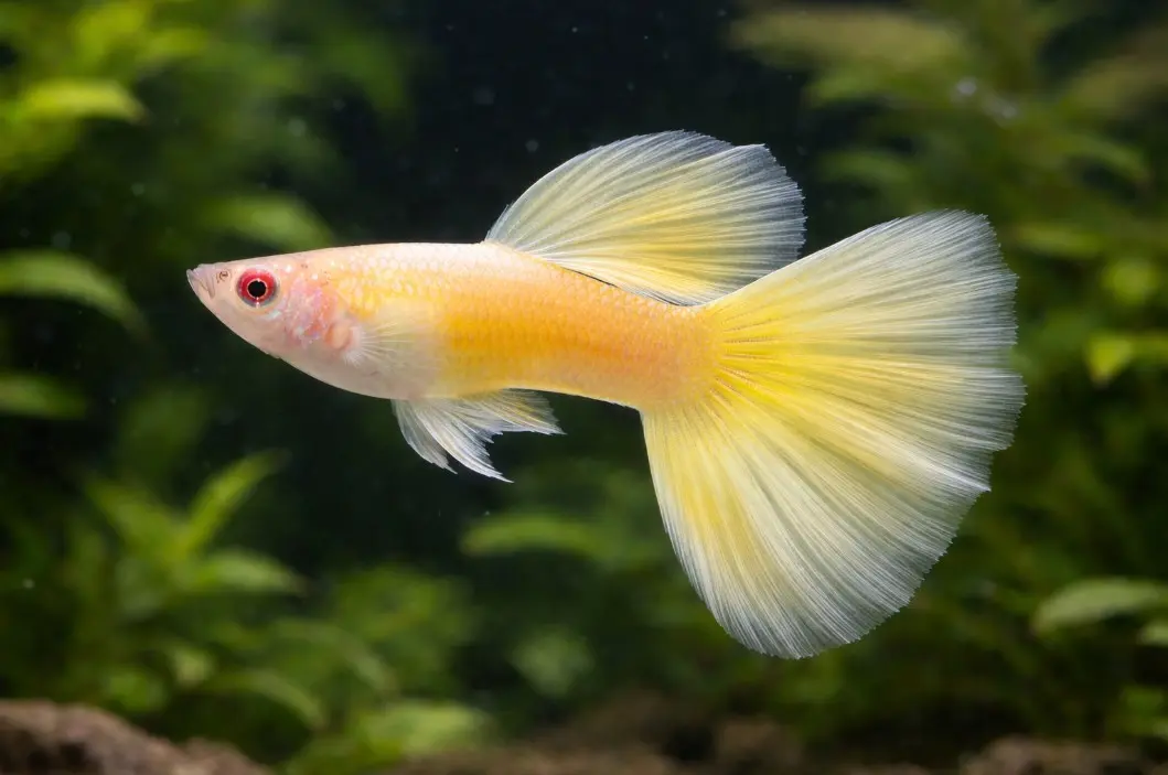 Albino gupi — blede barve z rožnatimi očmi