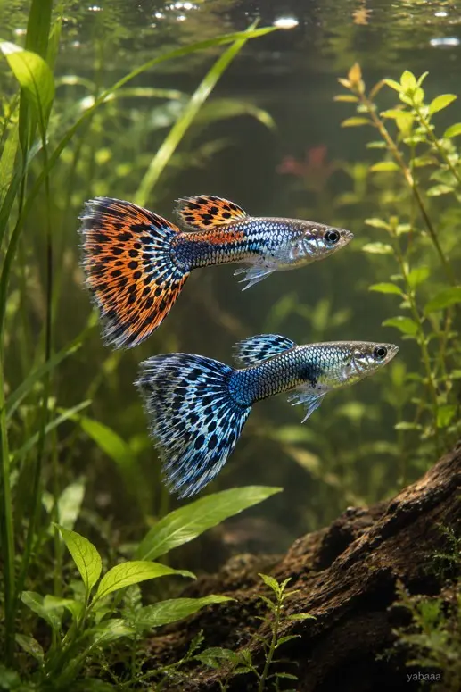 Par oranžno-modrih leopardjih gupijev v akvariju