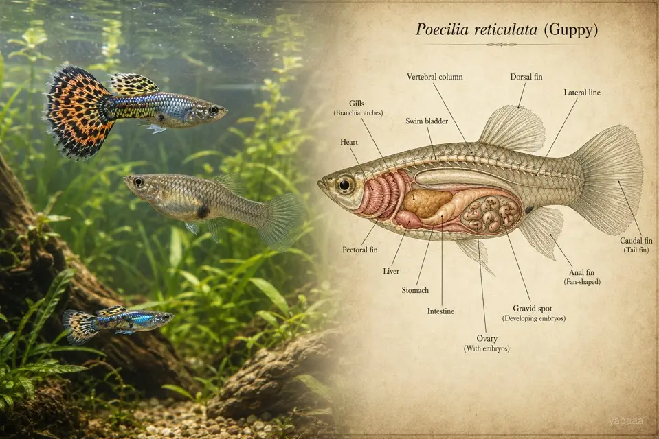 Anatomija samice gupija (Poecilia reticulata) z jajčnikom in gravidno pego - označen diagram