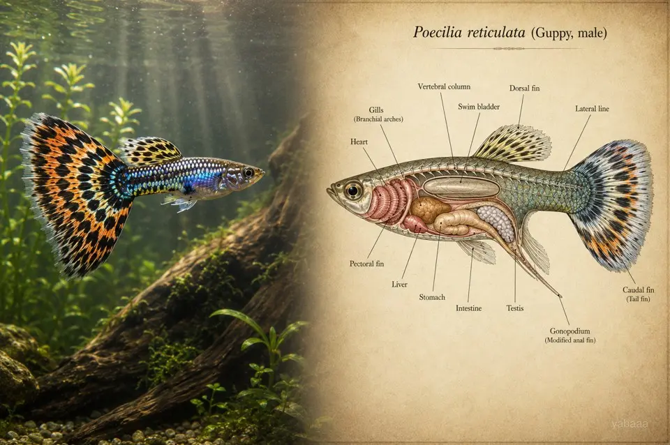 Anatomija samca gupija (Poecilia reticulata) - označen diagram notranjih organov in plavuti