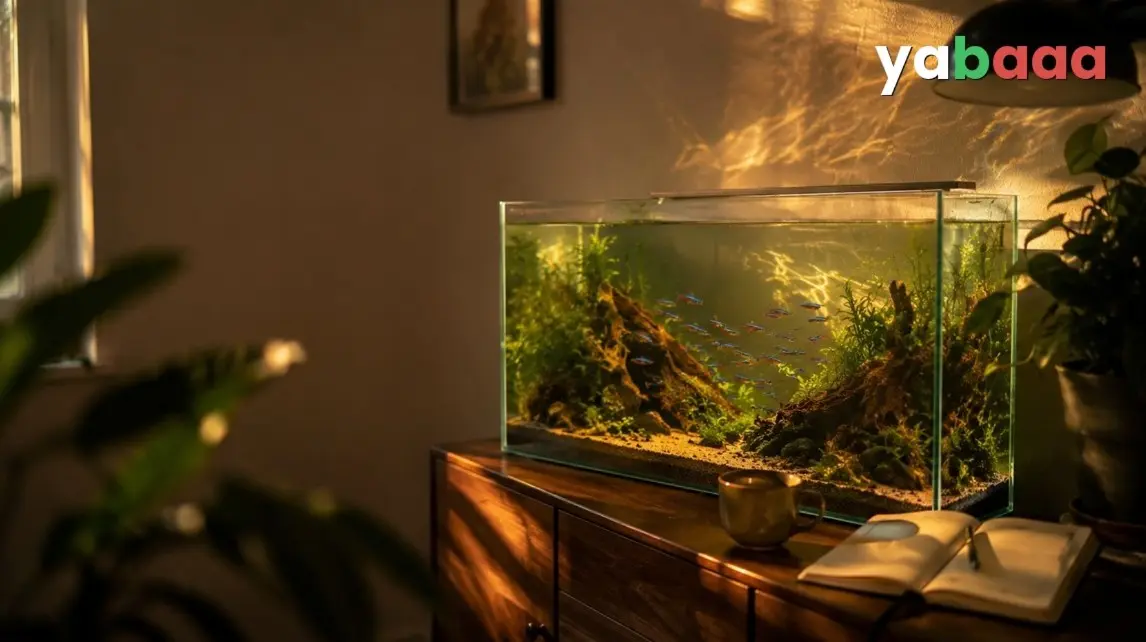 Zasajen akvarij z neonskimi tetrami na leseni komodi v toplo osvetljeni sobi