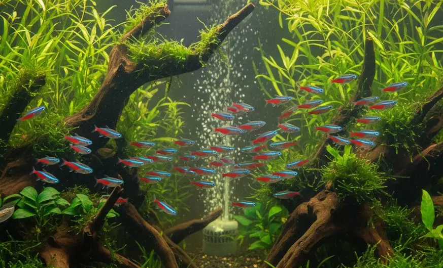 Neonke u prirodno zasađenom akvariju s zračnom pumpom