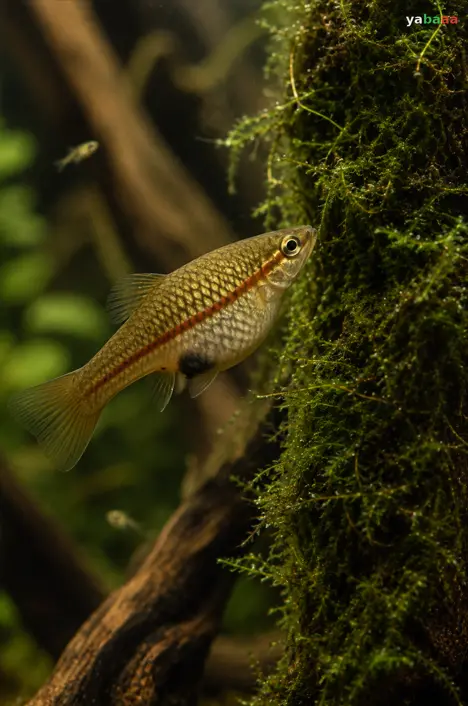 Мечоносец Xiphophorus hellerii пред обрасъл с явански мъх корен в засаден аквариум