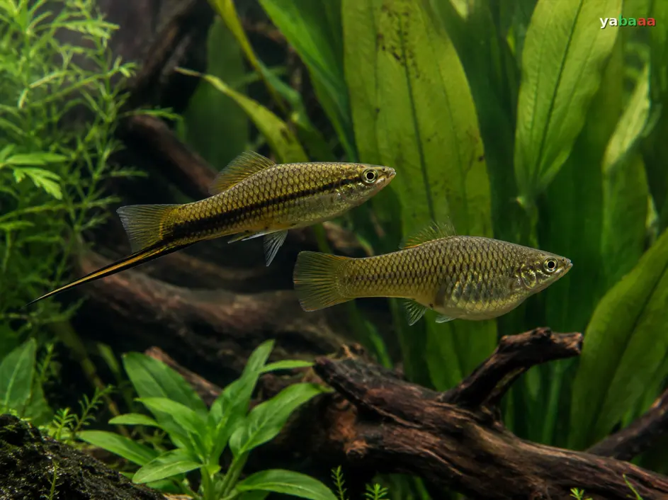 Мъжки и женски мечоносец Xiphophorus hellerii заедно в засаден аквариум с корени и широколистни растения