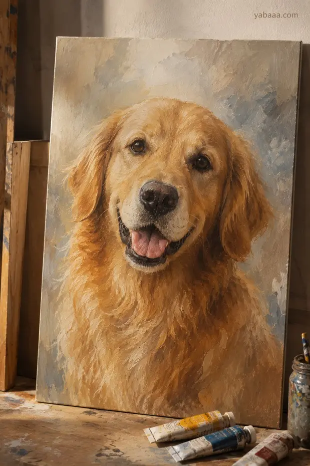 Portret slika psa, zlatega prinašalca, naslikan z oljnimi barvami