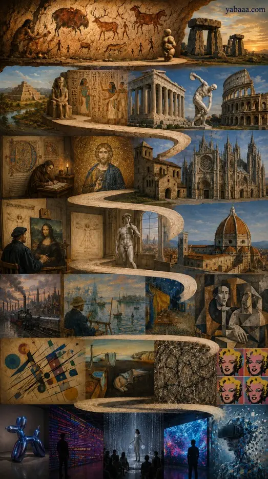 Ilustracija evolucije umetnosti skozi stoletja — od jamskega slikarstva do sodobne digitalne umetnosti